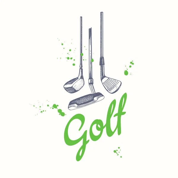 Le golf. Ensemble vectoriel d'équipements de sport dessinés à la main. Illustration en style croquis sur fond blanc. Brosse éléments de calligraphie pour votre conception. Lettrage à l'encre manuscrite . — Image vectorielle