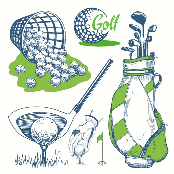 Golf set with basket, shoes, car, putter, ball, gloves, flag, bag. Vector set of hand-drawn sports equipment. Illustration in sketch style on white background. Handwritten ink lettering.