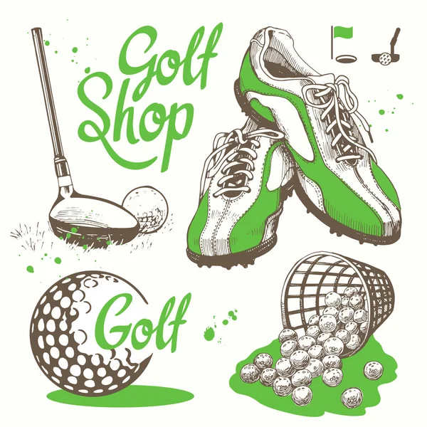 Golf ayarla sepeti, Ayakkabı, Golf sopası, top, eldiven, çanta ile. Vektör kümesi çizilmiş spor malzemeleri. İllüstrasyon kroki tarzı beyaz arka plan üzerinde. El yazısı mürekkep yazı.