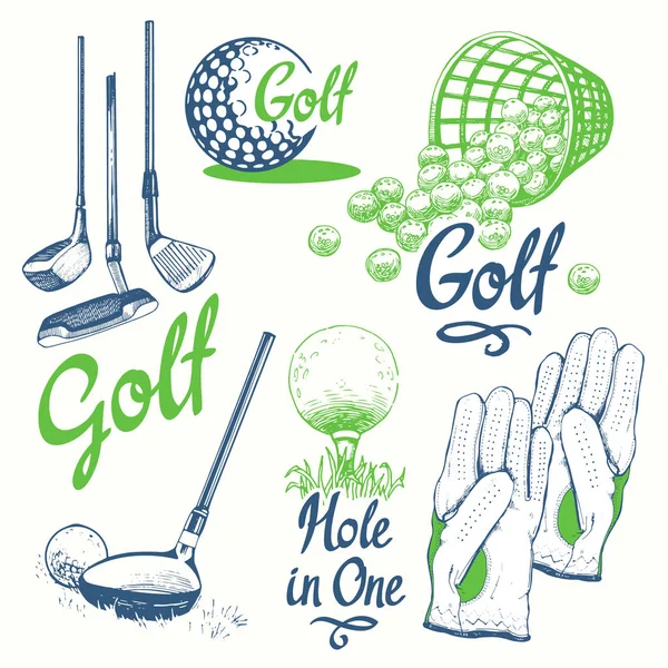 Golf med korg, skor, putter, boll, handskar, väska. Vector uppsättning handritade sportutrustning. Illustration i skiss stil på vit bakgrund. Handskrivna bläck bokstäver. — Stock vektor