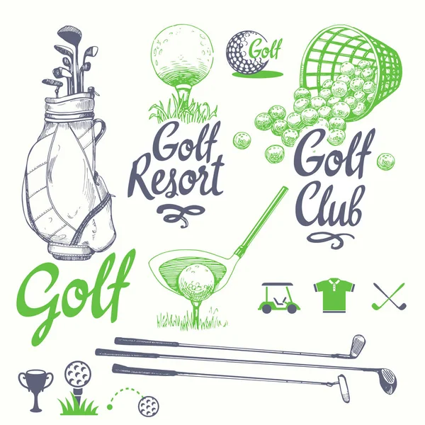 Juego de golf con buske, putter, pelota, guantes, bolsa. Conjunto vectorial de equipos deportivos dibujados a mano. Ilustración en estilo de boceto sobre fondo blanco. Letras de tinta manuscritas . — Vector de stock