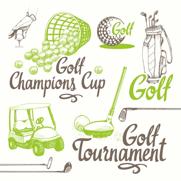 Golf ayarla sepeti, Ayakkabı, Araba, Golf sopası, top, eldiven, çanta. Vektör kümesi çizilmiş spor malzemeleri. İllüstrasyon kroki tarzı beyaz arka plan üzerinde. El yazısı mürekkep yazı.