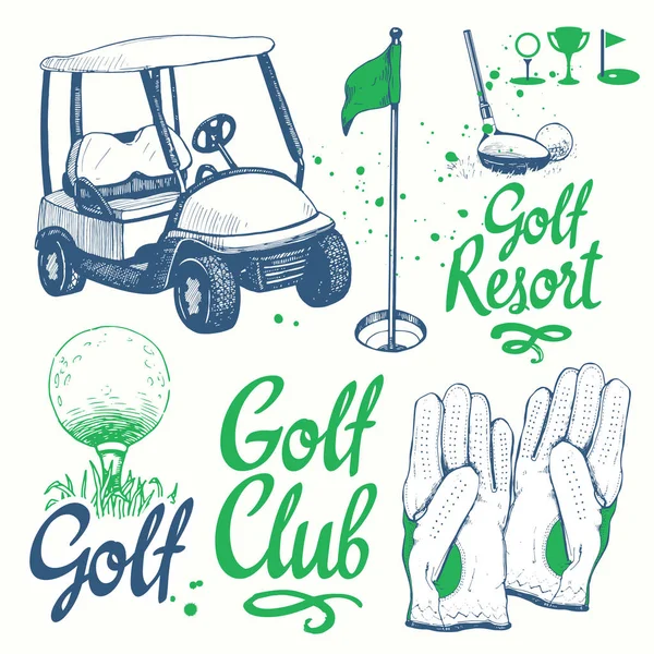 Ensemble de golf avec panier, chaussures, voiture, putter, balle, gants, drapeau, sac. Ensemble vectoriel d'équipements de sport dessinés à la main. Illustration en style croquis sur fond blanc. Lettrage à l'encre manuscrite . — Image vectorielle