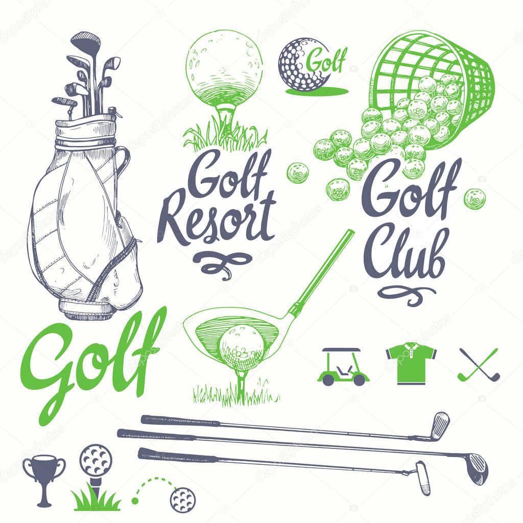 Golf set with buske, putter, ball, gloves, bag. Vector set of hand-drawn sports equipment. Illustration in sketch style on white background. Handwritten ink lettering.