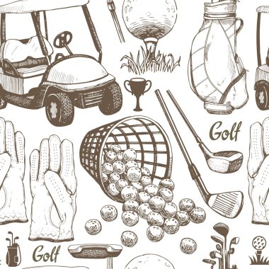 Seamless golf pattern with basket, shoes, car, putter, ball, gloves, bag. Vector set of hand-drawn sports equipment. Illustration in sketch style on white background. clipart