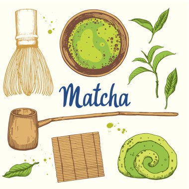 Japon etnik ve ulusal çay töreni. Matcha. Çay saati geleneklerini. Dekoratif elemanlar tasarımınız için. Vektör çizim parti sembolleri beyaz arka plan üzerinde bulunan.