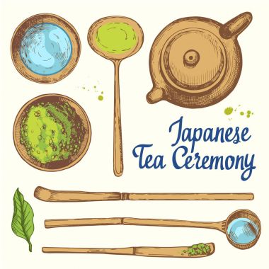 Japon etnik ve ulusal çay töreni. Matcha. Çay saati geleneklerini. Dekoratif elemanlar tasarımınız için. Vektör çizim parti sembolleri beyaz arka plan üzerinde bulunan.