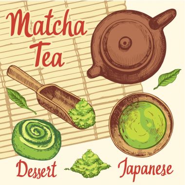 Japon etnik ve ulusal çay töreni. Matcha. Çay saati geleneklerini. Dekoratif elemanlar tasarımınız için. Vektör çizim parti sembolleri beyaz arka plan üzerinde bulunan.