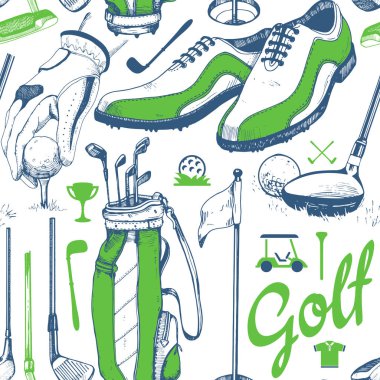 Sepet, Ayakkabı, Araba, Golf sopası, top, eldiven, bayrak, çanta ile sorunsuz golf desen. Vektör kümesi çizilmiş spor malzemeleri. İllüstrasyon kroki tarzı beyaz arka plan üzerinde.