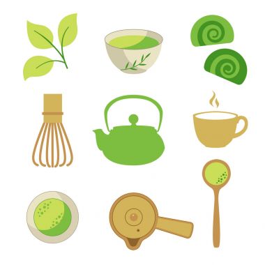 Japon etnik ve ulusal çay töreni. Matcha Icons set. Çay saati geleneklerini. Dekoratif elemanlar tasarımınız için. Vektör çizim parti sembolleri beyaz arka plan üzerinde bulunan.