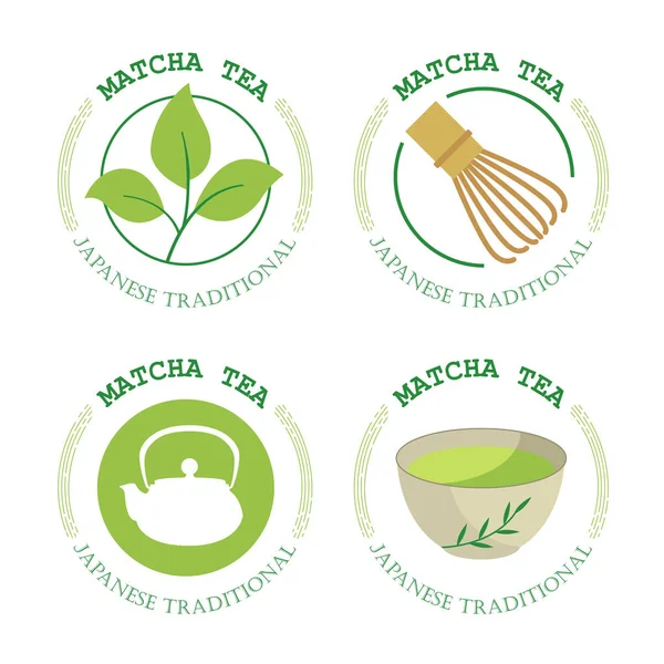 Cerimonia del tè nazionale ed etnica giapponese. Set logo Matcha. Tradizioni teatrali. Elementi decorativi per il vostro design. Illustrazione vettoriale con simboli di partito su sfondo bianco . — Vettoriale Stock