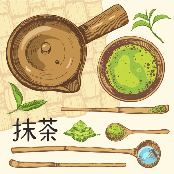 Cerimônia de chá étnica e nacional japonesa. Matcha. Tradições de chá. Elementos decorativos para o seu design. Ilustração vetorial com símbolos de festa no fundo branco . —  Vetores de Stock