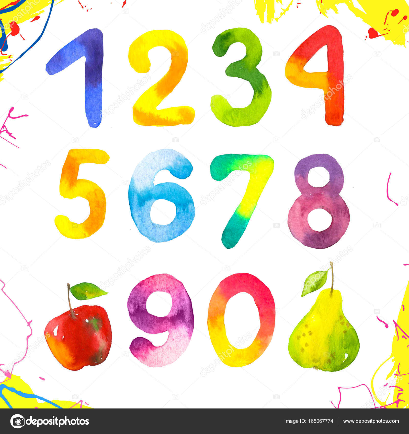 Funny numbers from 0 to 9. Hand drawn by children figures on white  background. Watercolor style. Stock Photo by ©Monash 165067774