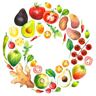 Çiftlik sebzelerinin yuvarlak kompozisyonu ile suluboya çizimi. Farklı sebzeler: domates, patates, avokado, zencefil, biber, şalgam, roka, ıspanak. Taze organik gıda..