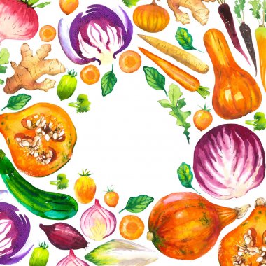Suluboya resim ile çiftlik resimler yuvarlak oluşturma. Küme sebze: balkabağı, kabak, soğan, domates, lahana, brokoli, pancar, havuç, zencefil, Erik. Taze organik gıda.