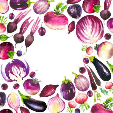 Suluboya resim ile çiftlik resimler yuvarlak oluşturma. Sebze kümesi: lahana, patlıcan, şalgam, turp, havuç, soğan. Taze organik gıda. Menekşe.