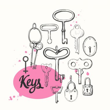 Vektör çizilmiş antika anahtarlarını ayarlayın. İllüstrasyon kroki tarzı beyaz arka plan üzerinde. Eski tasarım