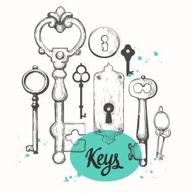 Vektör çizilmiş antika anahtarlarını ayarlayın. İllüstrasyon kroki tarzı beyaz arka plan üzerinde. Eski tasarım