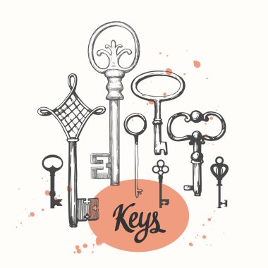 Vektör çizilmiş antika anahtarlarını ayarlayın. İllüstrasyon kroki tarzı beyaz arka plan üzerinde. Eski tasarım
