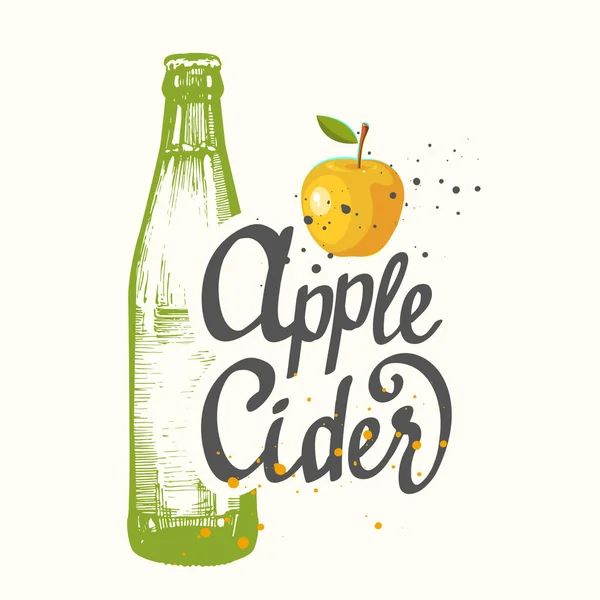 Drink menu. Vector illustration with cider apple bottle in sketch style for pub. Alcoholic beverages. — Stock Vector