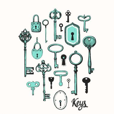 Vektör çizilmiş antika anahtarlarını ayarlayın. İllüstrasyon kroki tarzı beyaz arka plan üzerinde. Eski tasarım