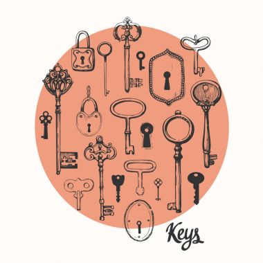 Vektör çizilmiş antika anahtarlarını ayarlayın. İllüstrasyon kroki tarzı beyaz arka plan üzerinde. Eski tasarım