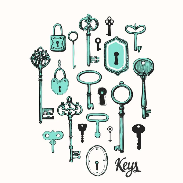 Vektör çizilmiş antika anahtarlarını ayarlayın. İllüstrasyon kroki tarzı beyaz arka plan üzerinde. Eski tasarım