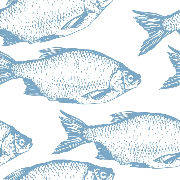 Illustration vectorielle avec croquis de poissons roux. Fond sans couture dessiné à la main couleur bleue. Modèle de fruits de mer . — Image vectorielle