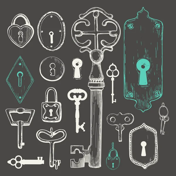 Векторный набор старинных ключей ручной работы. Иллюстрация в стиле эскиза на черном фоне. Старый дизайн — стоковый вектор