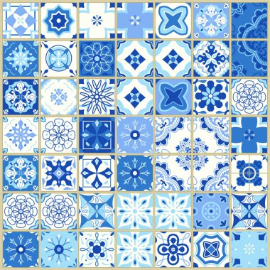 Portekizce çinileri ile Seamless modeli. Azulejo vektör Illustration beyaz arka plan üzerinde. Akdeniz tarzı. Mavi tasarım.