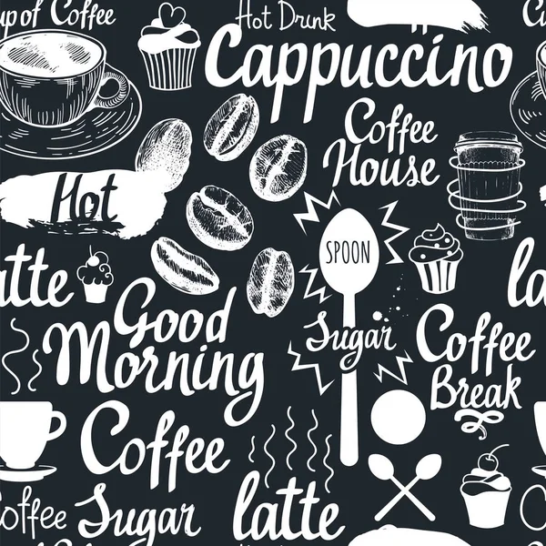 无缝咖啡素描背景。热饮料菜单。矢量图模式与杯、 制造商、 豆、 勺、 标签。黑色和白色的风格. — 图库矢量图片