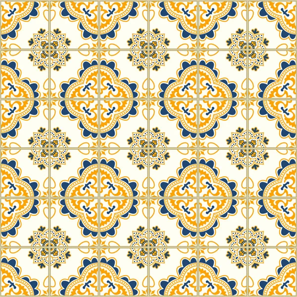 Patrón sin costuras con azulejos portugueses. Ilustración vectorial de Azulejo sobre fondo blanco. Estilo mediterráneo. Diseño azul y amarillo . — Vector de stock