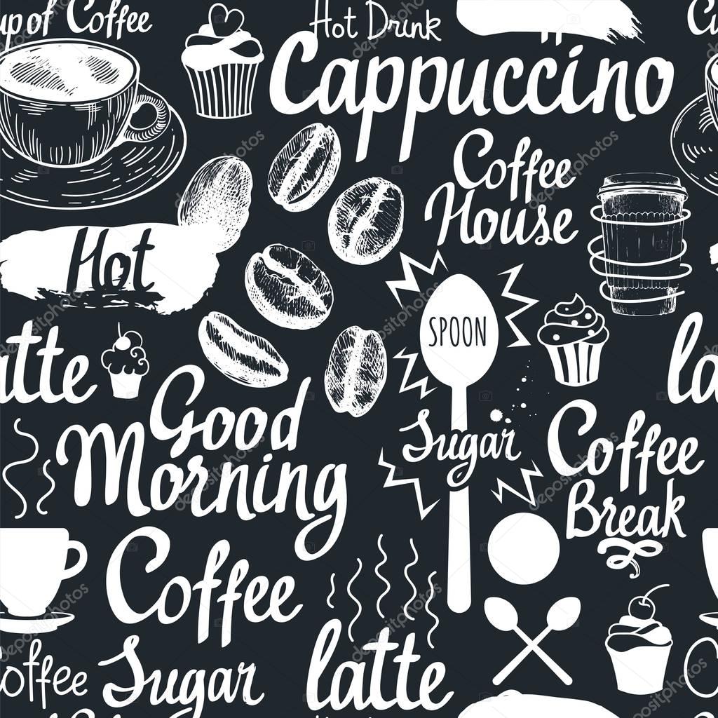 Seamless coffee sketch background. Hot drinks menu. Vector Illustration pattern with cup, maker, beans, spoon, labels.Black and white style.