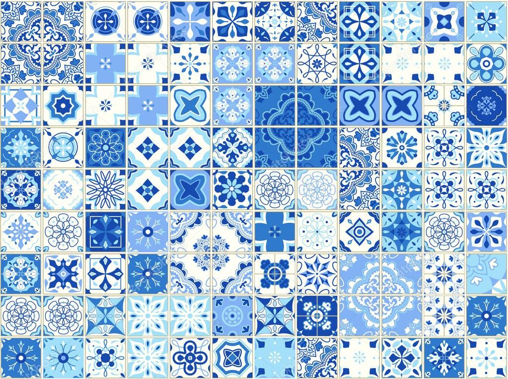 Seamless pattern with portuguese tiles. Vector illustration of Azulejo on white background. Mediterranean style. Blue design.