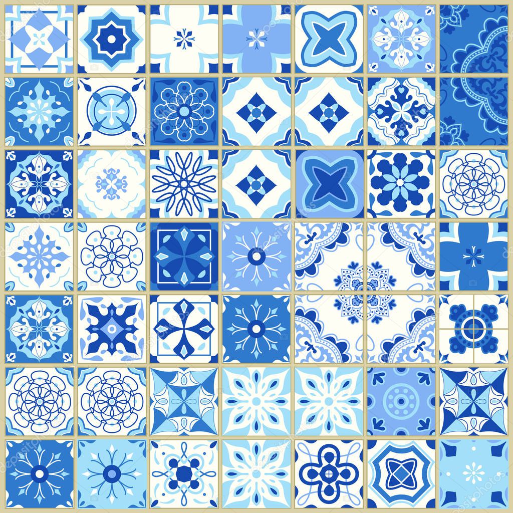 Seamless pattern with portuguese tiles. Vector illustration of Azulejo on white background. Mediterranean style. Blue design.