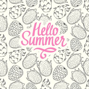 Sorunsuz doğa desen kroki meyve ile. Pitaya beyaz zemin üzerine pembe ve siyah vektör Illustration. Tropikal gıda. Merhaba yaz.