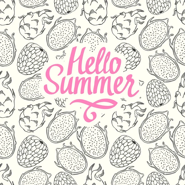 Sorunsuz doğa desen kroki meyve ile. Pitaya beyaz zemin üzerine pembe ve siyah vektör Illustration. Tropikal gıda. Merhaba yaz.