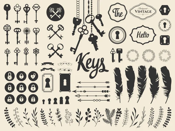 Vector illustration with design illustrations for decoration. Big silhouettes set of keys, locks, wreaths, illustrations, branch, arrows, feathers on white background. Vintage style. — Stock Vector