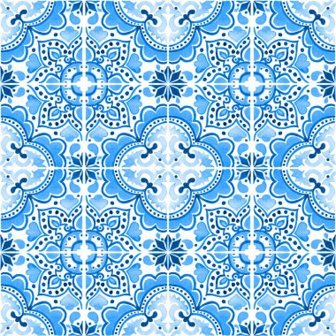 Portekizce çinileri ile Seamless modeli ile. Beyaz arka plan üzerinde Azulejo suluboya çizimi. Mavi tasarım.