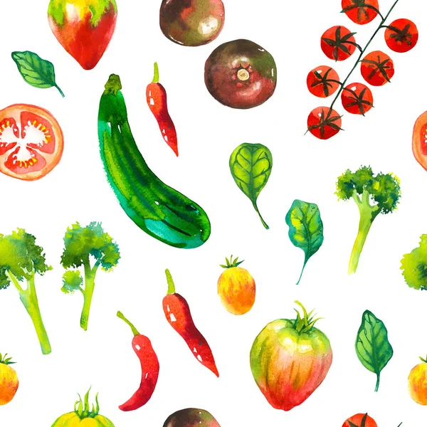 Акварельная иллюстрация с составом выращиваемых на ферме иллюстраций. Бесшовный рисунок на белом фоне. Набор овощей: картофель, репа, помидор, огурец, корень, лук. Свежие органические продукты . — стоковое фото