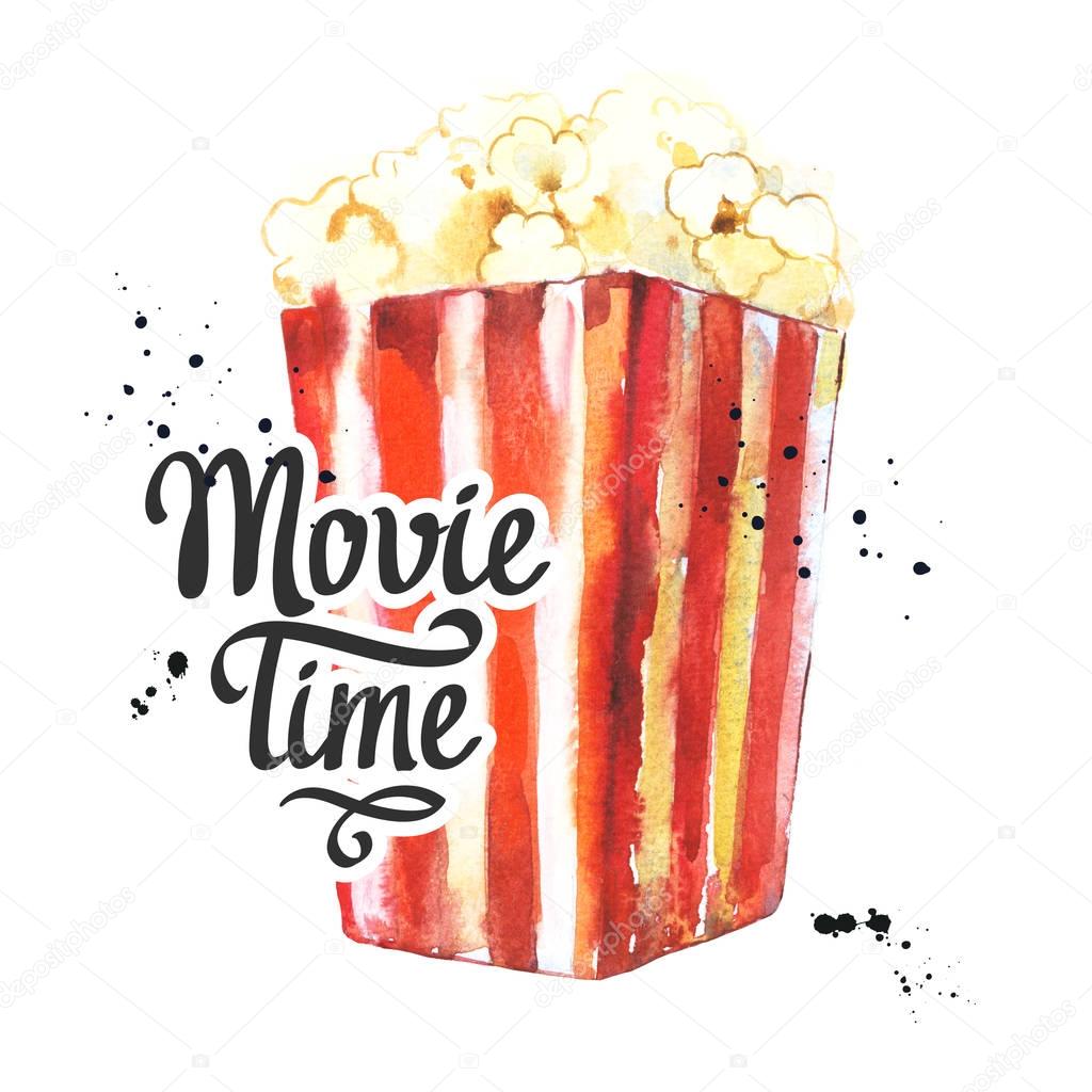 Watercolor illustration with sketch popcorn bucket. Sketch design. Cinema snack. Hand drawn fast food. Movie Time poster. Retro movie festival.