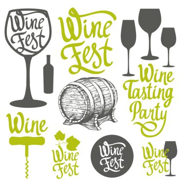 Vektör çizim etiketleri, şişe, cam, tirbuşon, fıçı kroki tarzı ile. Alkollü içki ayarla. Şarap Festivali. Fırça hat illüstrasyonlar tasarımınız için. El yazısı mürekkep yazı.