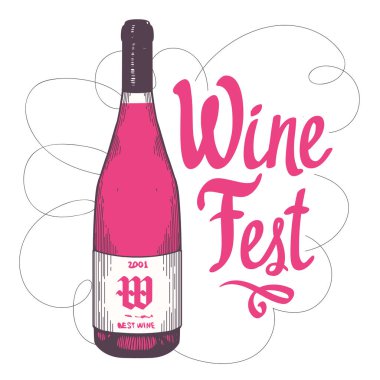 Vektör çizim şişe şarap listesi için kroki tarzı ile. Poster illüstrasyon içecekler. Hat illüstrasyonlar tasarımınızı fırça. El yazısı mürekkep yazı. Festivali.