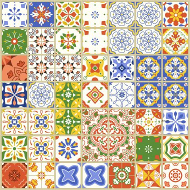 Portekiz fayanslarıyla kusursuz desen. Beyaz arka planda Azulejo 'nun vektör illüstrasyonu. Akdeniz tarzı. Çoklu renk tasarımı.