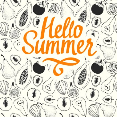 Sorunsuz doğa desen kroki meyve ile. Papaya, incir, armut, şeftali, mangosten, lychee beyaz arka planda siyah vektör çizgi çizim. Tropikal gıda. Merhaba yaz.