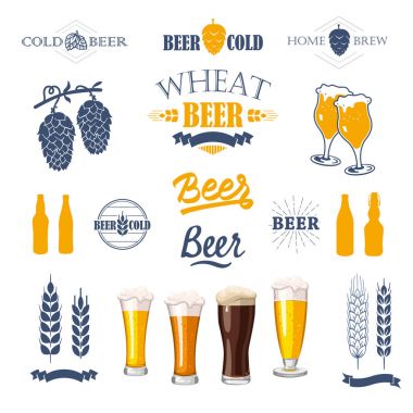 Bira pub logo ve etiketleri ile vektör çizim. Basit semboller cam, şişe. İçki geleneklerini. Dekoratif elemanlar tasarımınız için. Siyah beyaz stili.
