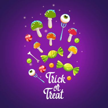 Mutlu Cadılar Bayramı kompozisyon. Komik vektör çizim karikatür tarzı tatil için çok renkli iksir, şekerler ve amanitas. Ya parani ya canini poster.