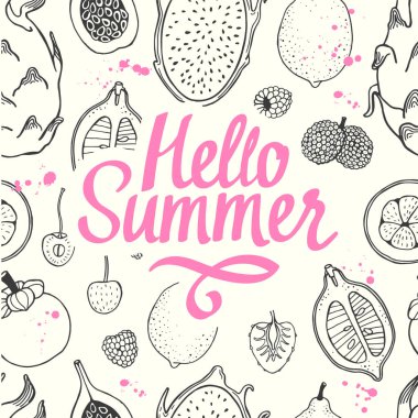 Sorunsuz doğa desen kroki meyve ile. Papaya, incir, armut, şeftali, mangosten, lychee beyaz arka planda siyah vektör çizgi çizim. Tropikal gıda.