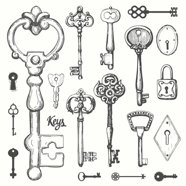 Ensemble vectoriel de clés antiques dessinées à la main. Illustration en style croquis sur fond blanc. Ancien design — Image vectorielle