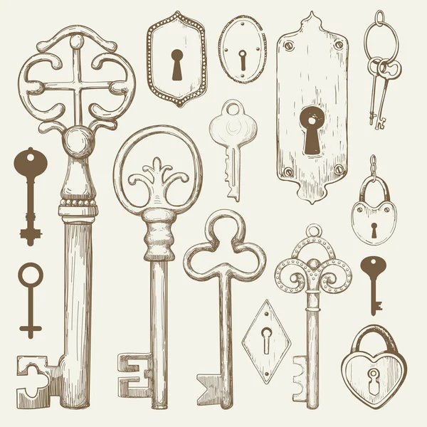 Set vektor dari kunci antik yang digambar tangan. Ilustrasi dalam gaya sketsa pada latar belakang putih. Desain lama - Stok Vektor